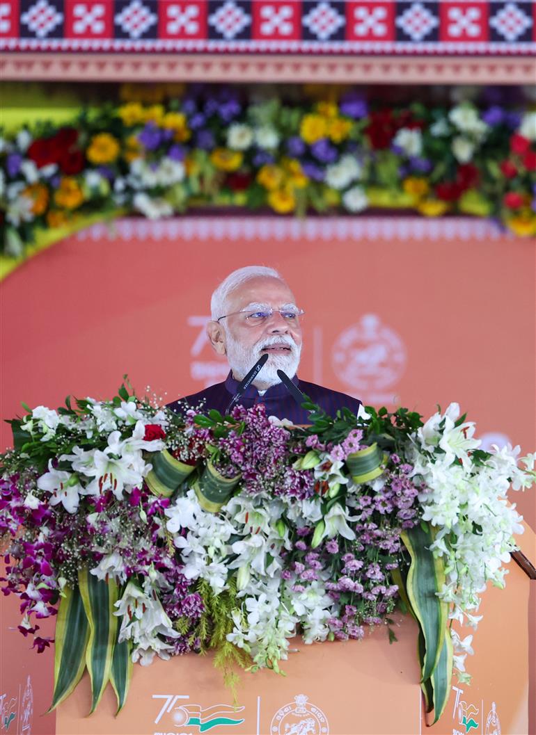 PM addressing at the foundation stone laying and inauguration of multiple development projects at Jharsuguda, in Odisha on September 27, 2025.