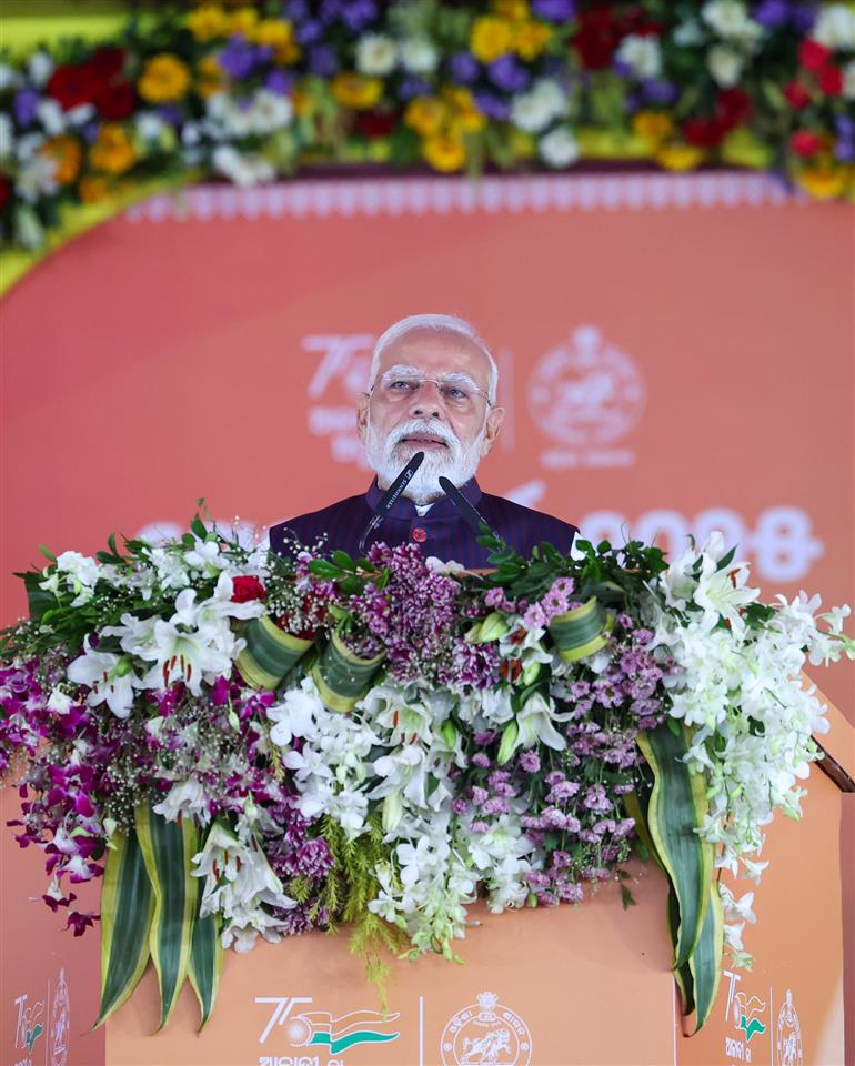 PM addressing at the foundation stone laying and inauguration of multiple development projects at Jharsuguda, in Odisha on September 27, 2025.