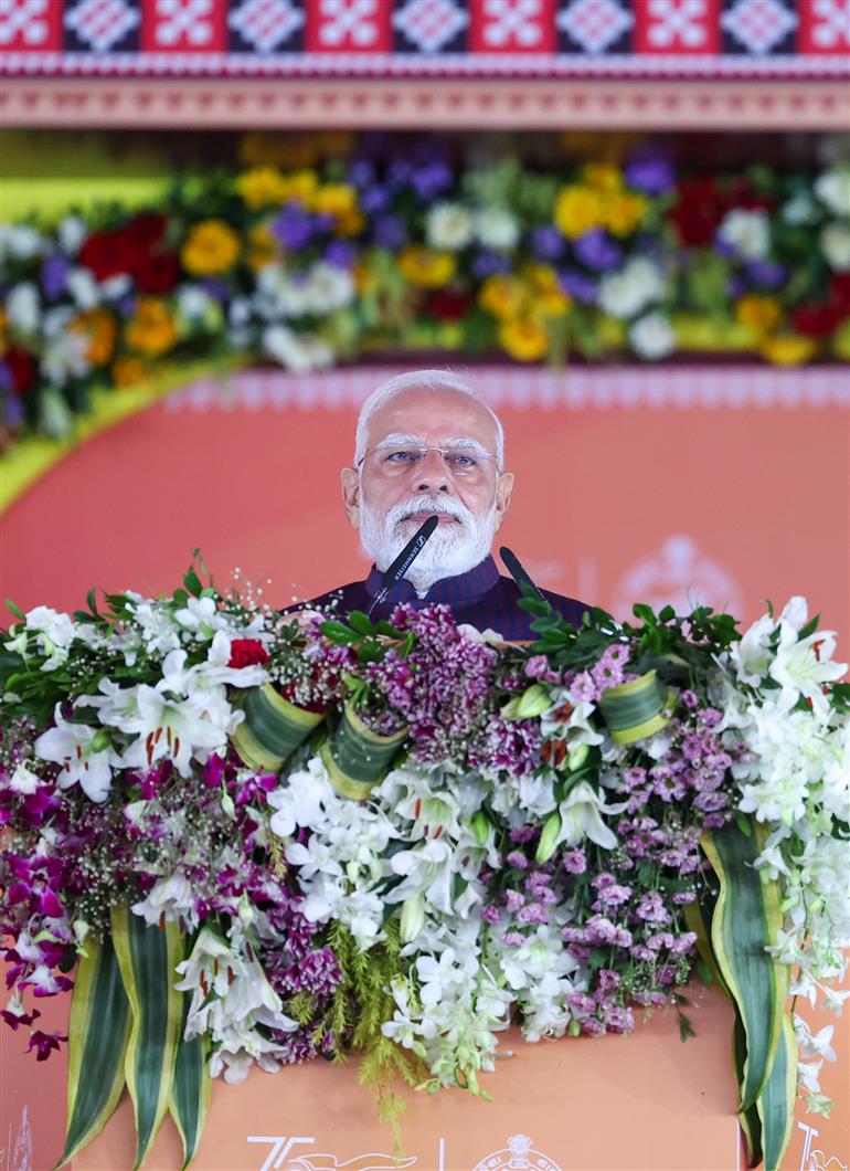PM addressing at the foundation stone laying and inauguration of multiple development projects at Jharsuguda, in Odisha on September 27, 2025.
