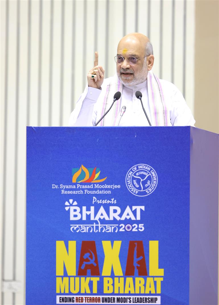 The Union Minister for Home Affairs and Cooperation, Shri Amit Shah addresses the valedictory session of ‘Bharat Manthan-2025: Naxal Mukt Bharat - Ending Red Terror Under Modi’s Leadership’, in New Delhi on September 28, 2025.