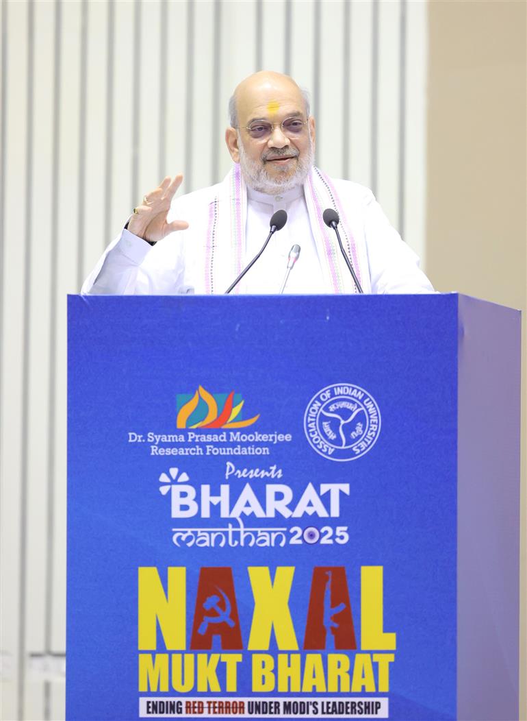 The Union Minister for Home Affairs and Cooperation, Shri Amit Shah addresses the valedictory session of ‘Bharat Manthan-2025: Naxal Mukt Bharat - Ending Red Terror Under Modi’s Leadership’, in New Delhi on September 28, 2025.