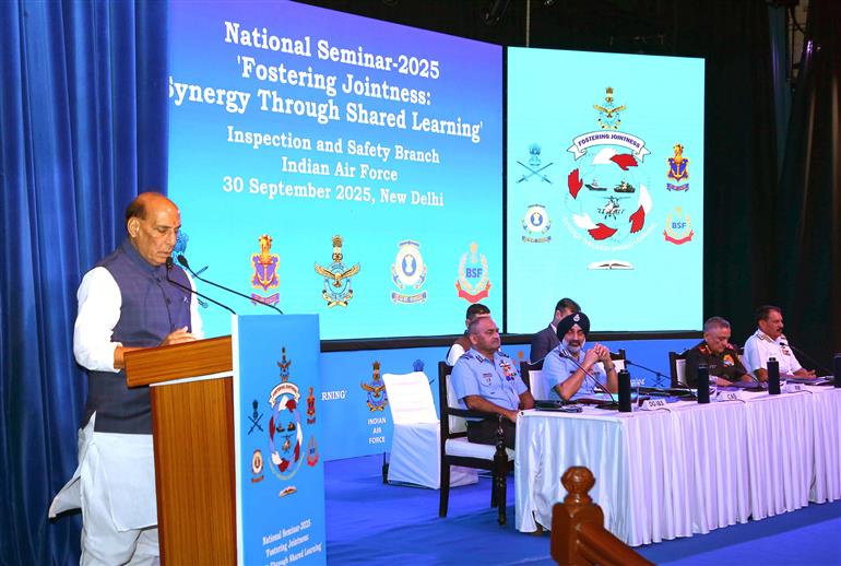 The Union Minister for Defence, Shri Rajnath Singh addressing a seminar organised by the Indian Air Force at Subroto Park, in New Delhi on September 30, 2025.