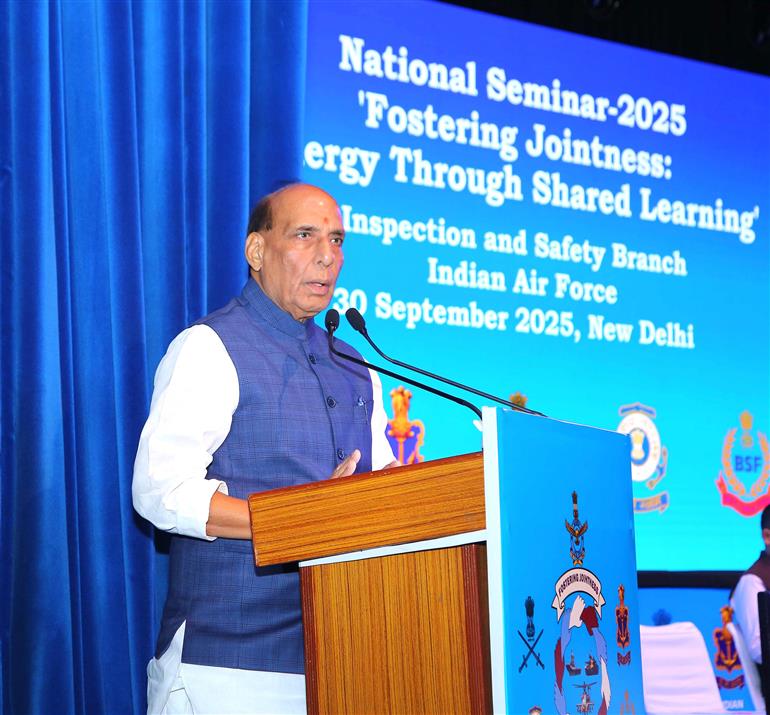 The Union Minister for Defence, Shri Rajnath Singh addressing a seminar organised by the Indian Air Force at Subroto Park, in New Delhi on September 30, 2025.