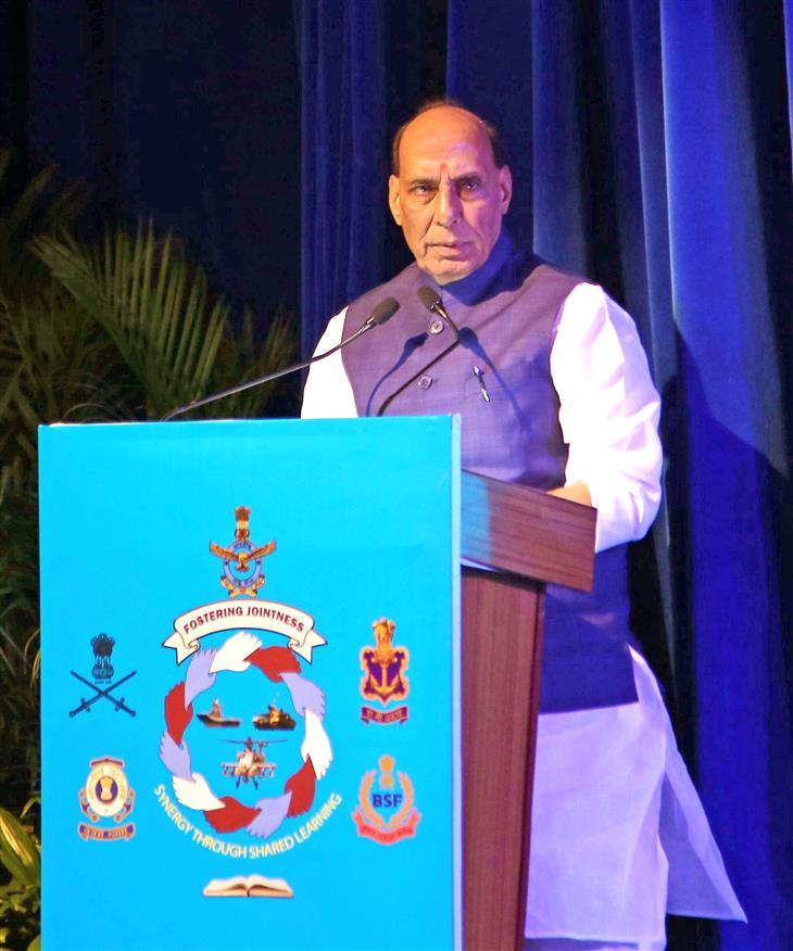 The Union Minister for Defence, Shri Rajnath Singh addressing a seminar organised by the Indian Air Force at Subroto Park, in New Delhi on September 30, 2025.