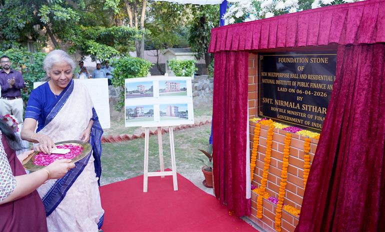 The Union Minister of Finance and Corporate Affairs, Smt. Nirmala Sitharaman inaugurates and laying foundation stone of New Multipurpose Hall and Residential (Complex/Block) National Institute of Public Finance and Policy, on Golden Jubilee Celebrations, in New Delhi on April 06, 2026.