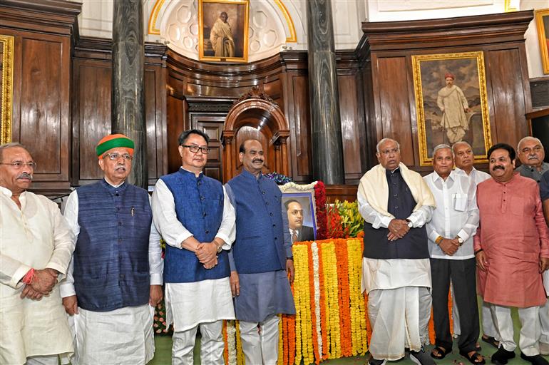The Lok Sabha Speaker, Shri Om Birla paid floral tributes to Babasaheb Dr B.R. Ambedkar on his 136th birth anniversary at Parliament House, in New Delhi on April 14, 2025.