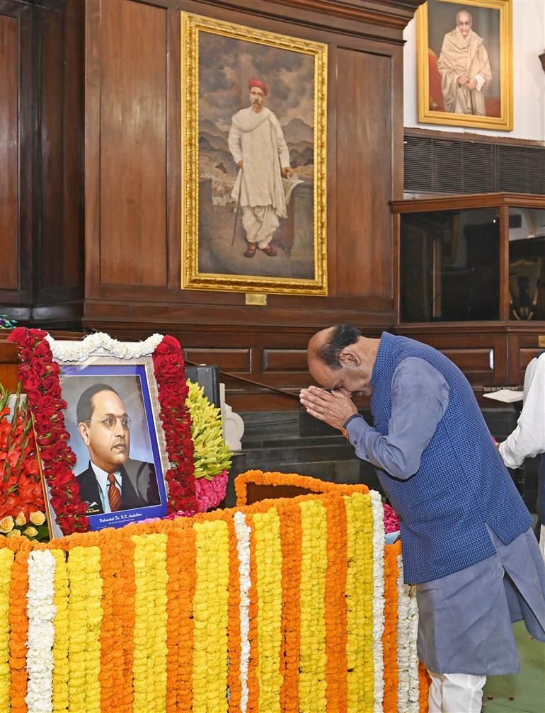 The Lok Sabha Speaker, Shri Om Birla paid floral tributes to Babasaheb Dr B.R. Ambedkar on his 136th birth anniversary at Parliament House, in New Delhi on April 14, 2025.