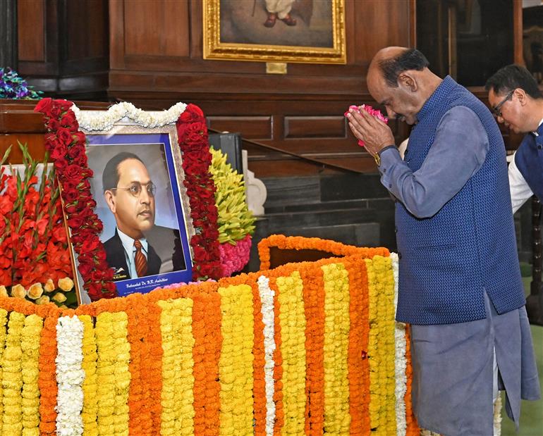 The Lok Sabha Speaker, Shri Om Birla paid floral tributes to Babasaheb Dr B.R. Ambedkar on his 136th birth anniversary at Parliament House, in New Delhi on April 14, 2025.