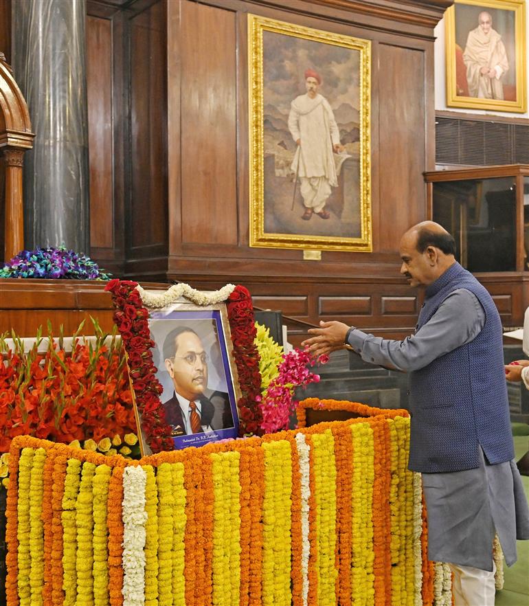 The Lok Sabha Speaker, Shri Om Birla paid floral tributes to Babasaheb Dr B.R. Ambedkar on his 136th birth anniversary at Parliament House, in New Delhi on April 14, 2025.