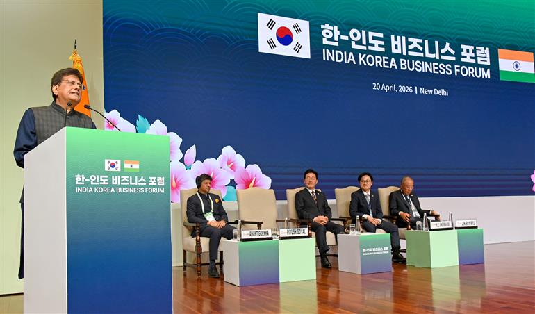 केंद्रीय वाणिज्य एवं उद्योग मंत्री श्री पीयूष गोयल 20 अप्रैल, 2026 को नई दिल्ली में भारत-कोरिया व्यापार मंच को संबोधित करते हुए।