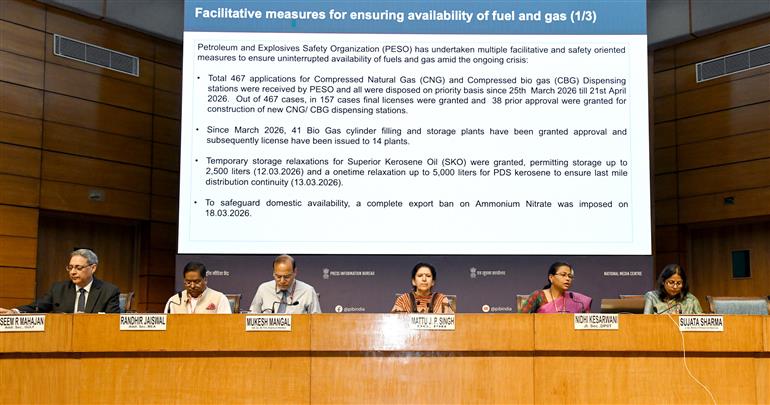 डीपीआईआईटी की संयुक्त सचिव सुश्री निधि केसरवानी 22 अप्रैल, 2026 को नई दिल्ली स्थित राष्ट्रीय मीडिया केंद्र में पश्चिम एशिया के हालिया घटनाक्रमों पर अंतर-मंत्रालयी प्रेस ब्रीफिंग को संबोधित करती हुईं।