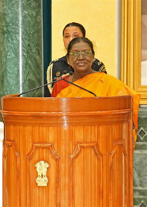 The President of India, Smt. Droupadi Murmu addressing the gathering on the occasion of ‘Raksha Bandhan’ festival at Rashtrapati Bhavan, in New Delhi on August 28, 2026.
