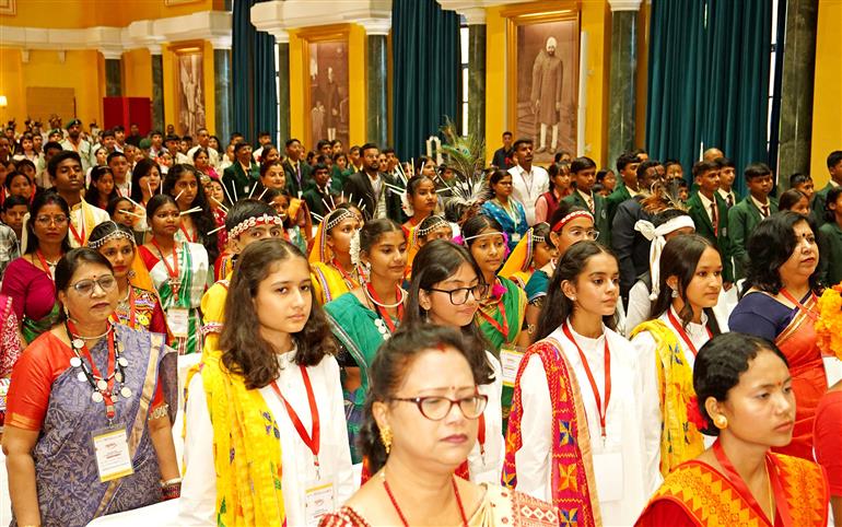 Gathering at the occasion of ‘Raksha Bandhan’ festival celebration at Rashtrapati Bhavan, in New Delhi on August 28, 2026. The President of India, Smt. Droupadi Murmu addressing on the occasion.