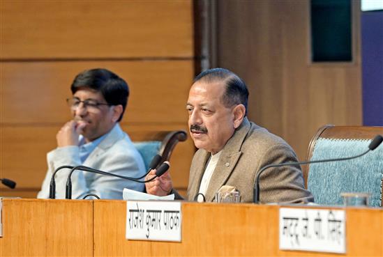 The Minister of State for Science & Technology (Independent Charge), Earth Sciences (Independent Charge), Prime Minister’s Office, Personnel, Public Grievances & Pensions, Atomic Energy and Space, Dr. Jitendra Singh addressing a Press Conference on launch of TDB (Technology Development Board) RDI First Call under the RDI (Research, Development, and Innovation) Fund at National Media Centre, in New Delhi on February 04, 2026.

