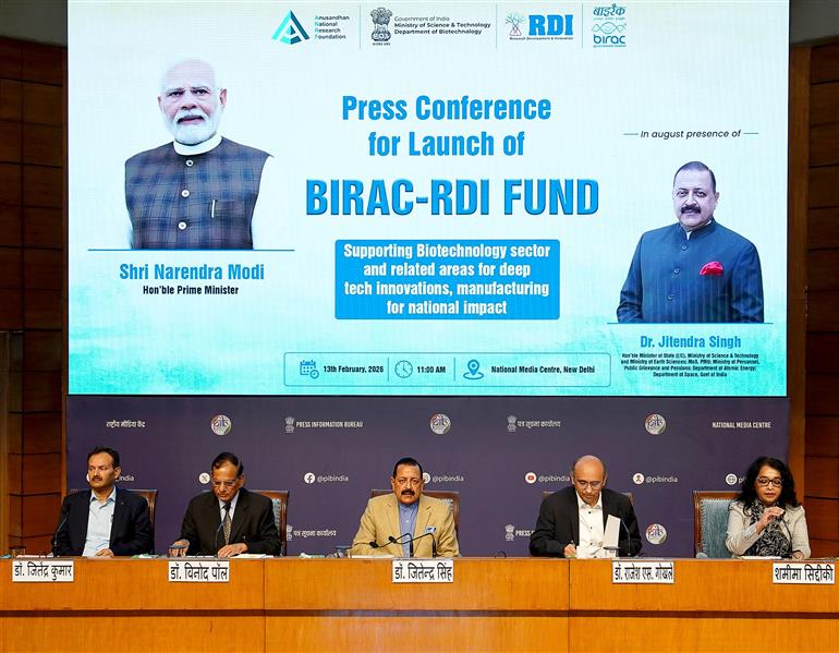 विज्ञान और प्रौद्योगिकी (स्वतंत्र प्रभार), पृथ्वी विज्ञान (स्वतंत्र प्रभार), प्रधानमंत्री कार्यालय, कार्मिक, लोक शिकायत और पेंशन, परमाणु ऊर्जा और अंतरिक्ष राज्य मंत्री डॉ जितेंद्र सिंह ने 13 फरवरी, 2026 को नई दिल्ली में राष्ट्रीय मीडिया केंद्र में जैव प्रौद्योगिकी और संबंधित क्षेत्रों के लिए बीआईआरसी-अनुसंधान, विकास और नवाचार (आरडीआई) कोष का शुभारंभ किया।