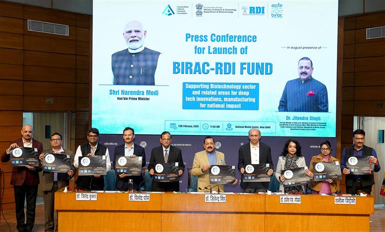 विज्ञान और प्रौद्योगिकी (स्वतंत्र प्रभार), पृथ्वी विज्ञान (स्वतंत्र प्रभार), प्रधानमंत्री कार्यालय, कार्मिक, लोक शिकायत और पेंशन, परमाणु ऊर्जा और अंतरिक्ष राज्य मंत्री डॉ जितेंद्र सिंह ने 13 फरवरी, 2026 को नई दिल्ली में राष्ट्रीय मीडिया केंद्र में जैव प्रौद्योगिकी और संबंधित क्षेत्रों के लिए बीआईआरसी-अनुसंधान, विकास और नवाचार (आरडीआई) कोष का शुभारंभ किया।