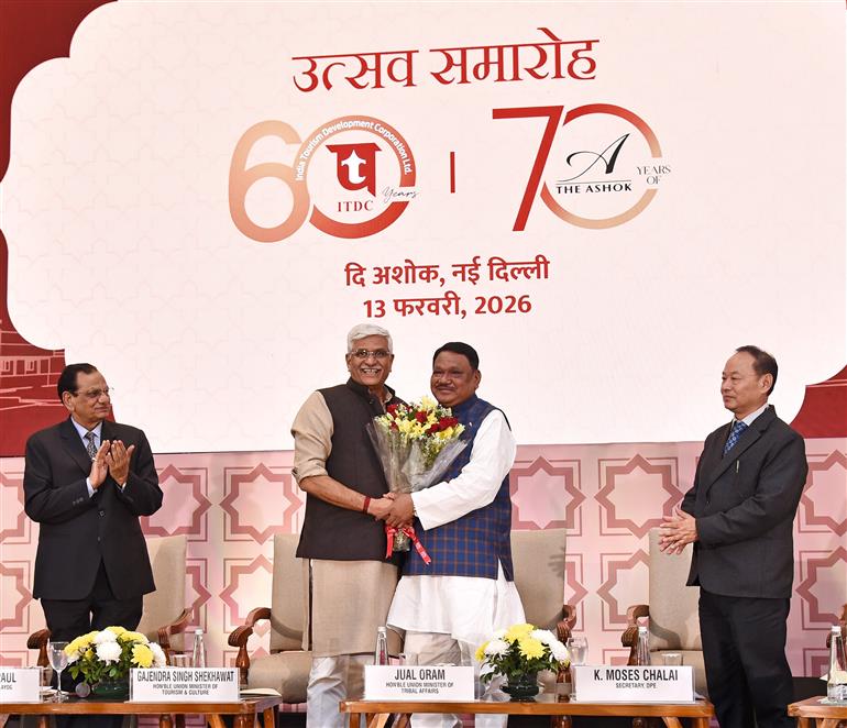 The Union Minister of Culture and Tourism, Shri Gajendra Singh Shekhawat and The Union Minister of Tribal Affairs, Shri Jual Oram graced the Double Commemoration Event marking 60 years of India Tourism Development Corporation (ITDC) and 70 years of The Ashok in distinguished service to travel, tourism and hospitality at Convention Hall (The Ashok), in New Delhi on February 13, 2026.
