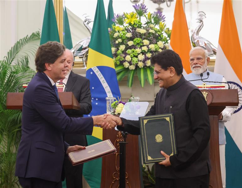 PM and the President of Brazil, Mr. Luiz Inácio Lula da Silva witnessing the Exchange of MoUs between India and Brazil at Hyderabad House, in New Delhi on February 21, 2026.