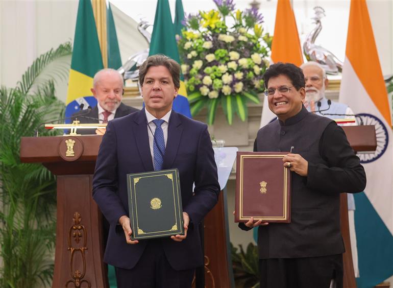 PM and the President of Brazil, Mr. Luiz Inácio Lula da Silva witnessing the Exchange of MoUs between India and Brazil at Hyderabad House, in New Delhi on February 21, 2026.