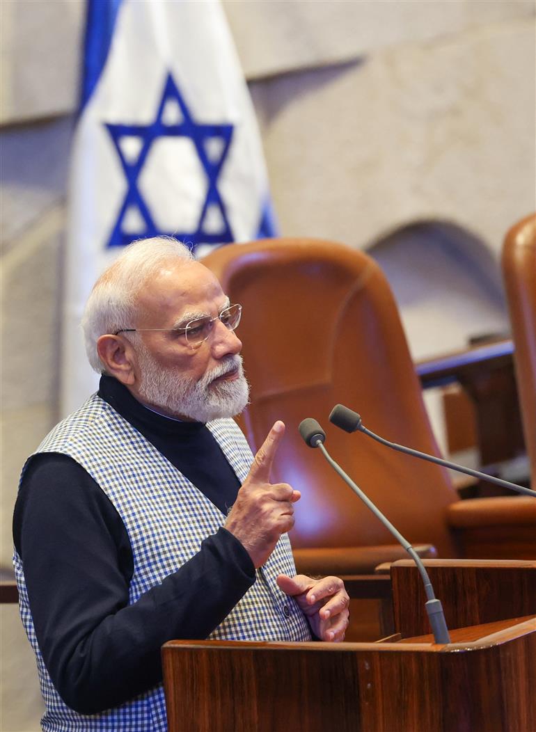 प्रधानमंत्री श्री नरेन्द्र मोदी 25 फरवरी, 2026 को इजरायल की संसद नेसेट को संबोधित करते हुए।