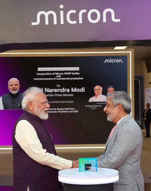 PM inaugurates Micron Technology’s Semiconductor Assembly, Test and Packaging (ATMP) facility (by Chip insertion) at Sanand, in Gujarat on February 28, 2026.