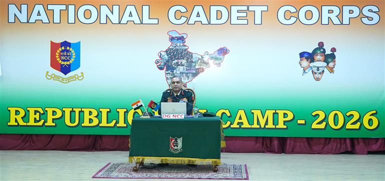 The Director General (DG), National Cadet Corps (NCC), Lieutenant General Virendra Vats addressing a Press Conference on NCC Republic Day Camp 2026 and achievements in last one year in Pratap Auditorium at Cariappa Parade Ground, in Delhi Cantt on January 03, 2026.