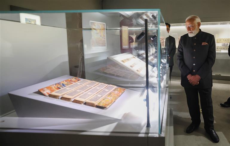 PM walks through the exhibition titled ‘The Light and the Lotus Relics of the Awakened One’ at the Rai Pithora Cultural Complex, in New Delhi on January 03, 2026.