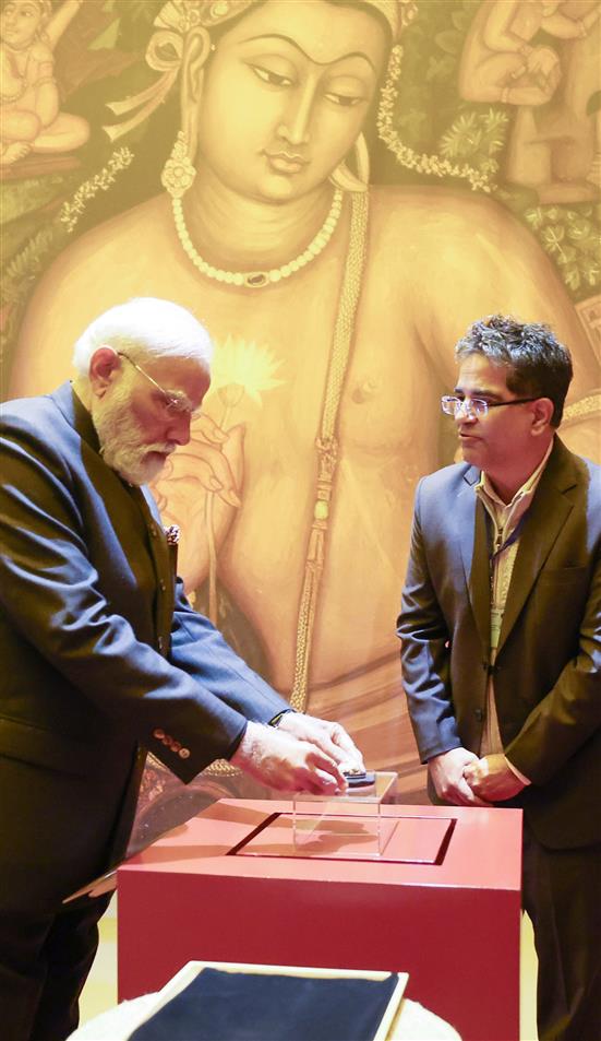 PM walks through the exhibition titled ‘The Light and the Lotus Relics of the Awakened One’ at the Rai Pithora Cultural Complex, in New Delhi on January 03, 2026.