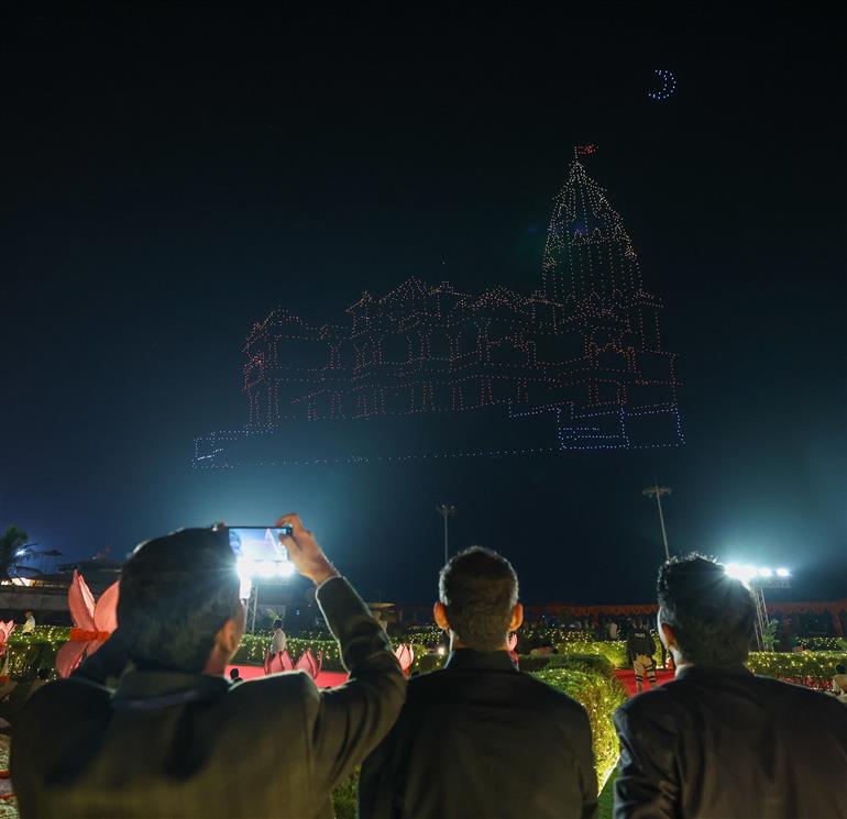 PM observes the spectacular drone show as part of his participation in the ‘Somnath Swabhiman Parv’ at Somnath Temple, in Gujarat on January 10, 2026.