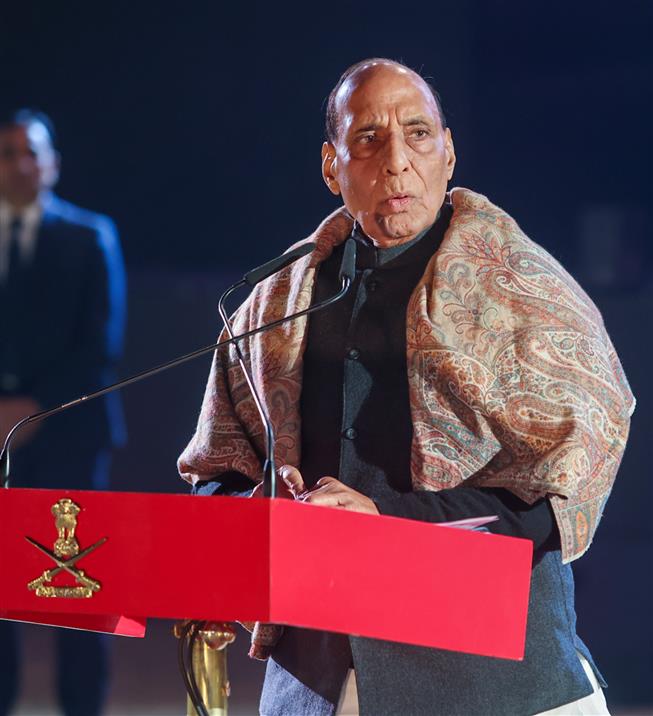 रक्षा मंत्री श्री राजनाथ सिंह 15 जनवरी, 2026 को राजस्थान के जयपुर में 78वें भारतीय सेना दिवस समारोह को संबोधित करते हुए।