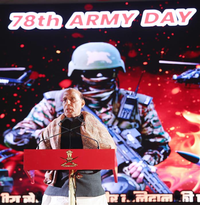 रक्षा मंत्री श्री राजनाथ सिंह 15 जनवरी, 2026 को राजस्थान के जयपुर में 78वें भारतीय सेना दिवस समारोह को संबोधित करते हुए।