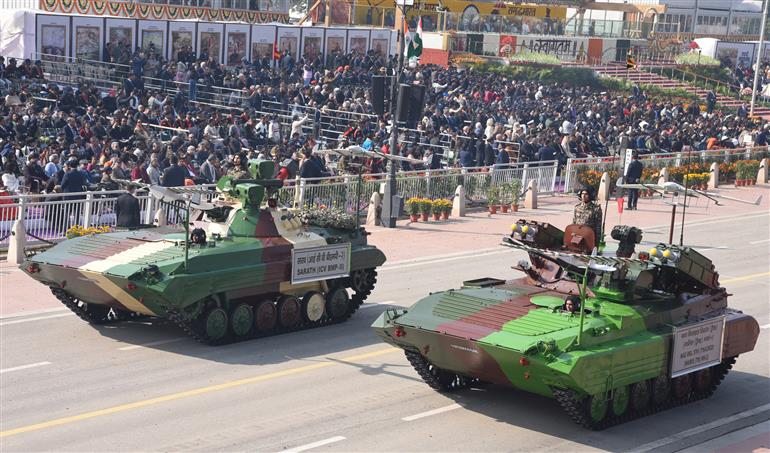 26 जनवरी 2026 को नई दिल्ली के कर्तव्य पथ पर आयोजित 77वें गणतंत्र दिवस समारोह की एक झलक।
