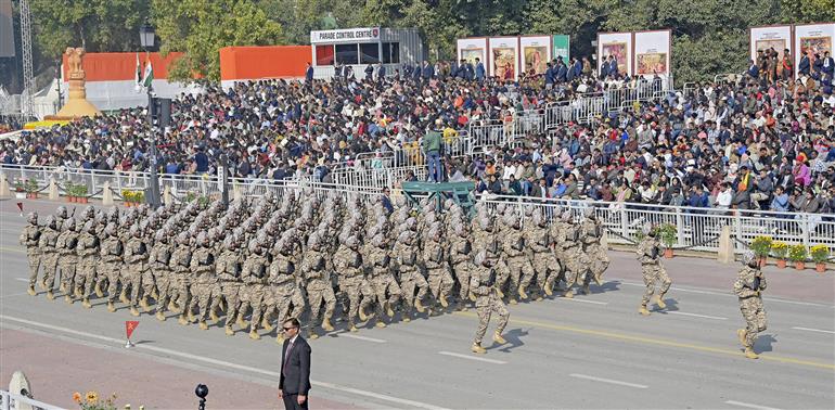 26 जनवरी 2026 को नई दिल्ली के कर्तव्य पथ पर आयोजित 77वें गणतंत्र दिवस समारोह की एक झलक।
