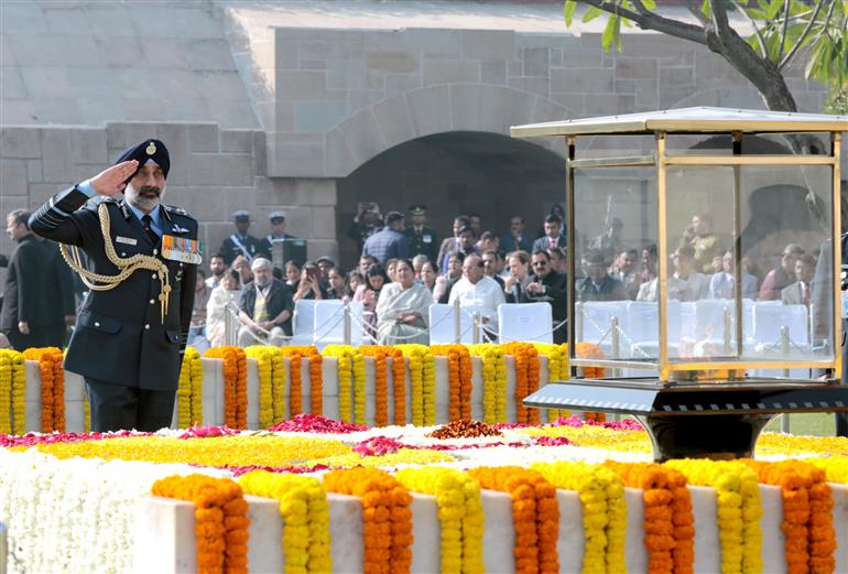 Chief of the Air Staff Air Chief Marshal AP Singh paying floral tributes to the Father of the Nation Mahatma Gandhi on his death anniversary, observed as Martyrs’ Day at Gandhi Smriti, Rajghat, in Delhi on January 30, 2026.