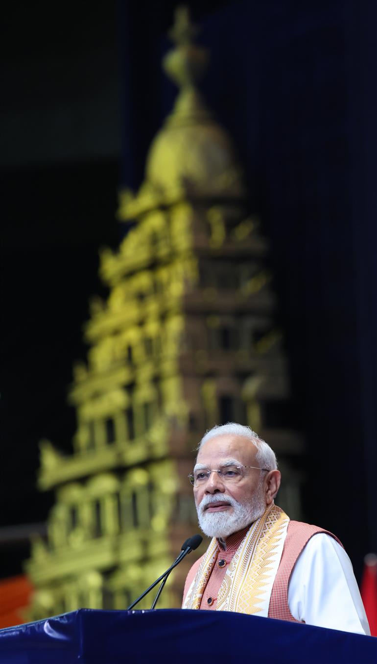 प्रधानमंत्री श्री नरेन्द्र मोदी 7 जुलाई 2026 को इंडोनेशिया में भारतीय समुदाय के कार्यक्रम को संबोधित करते हुए।