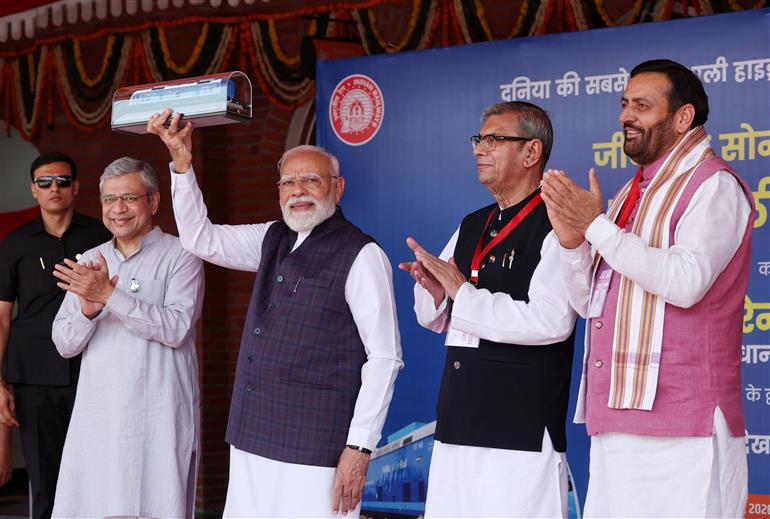 PM at the flagging-off ceremony of India’s first Hydrogen train between Jind and Sonipat at Jind railway station, in Haryana on July 17, 2026.