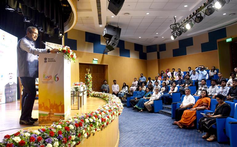 The Union Minister for Education, Shri Dharmendra Pradhan addressing at the Interaction of Youth Delegates from Chhattisgarh Participating in Yuva Sangam Phase-6, Led by IIT Delhi at Ambedkar International Centre, in New Delhi June 11, 2026. 
