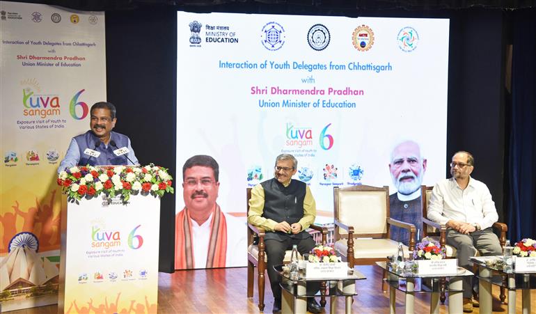 The Union Minister for Education, Shri Dharmendra Pradhan addressing at the Interaction of Youth Delegates from Chhattisgarh Participating in Yuva Sangam Phase-6, Led by IIT Delhi at Ambedkar International Centre, in New Delhi June 11, 2026. 