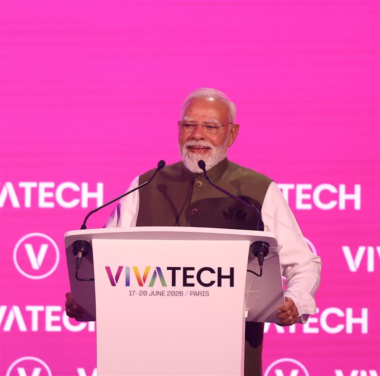 प्रधानमंत्री श्री नरेन्द्र मोदी 18 जून, 2026 को फ्रांस के पेरिस में विवाटेक 2026 कार्यक्रम को संबोधित करते हुए।
