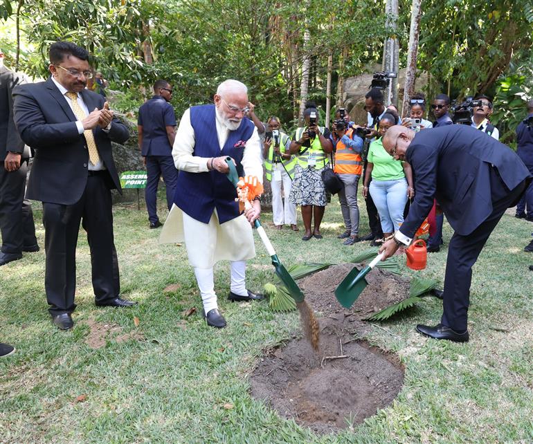प्रधानमंत्री श्री नरेन्द्र मोदी 27 जून, 2026 को सेशेल्स में सेशेल्स नेशनल बॉटनिकल गार्डन में सेशेल्स गणराज्य के राष्ट्रपति डॉ. पैट्रिक हर्मिनी की उपस्थिति में दुर्लभ 'कोको डी मेर' ताड़ का पौधा लगाते हुए।