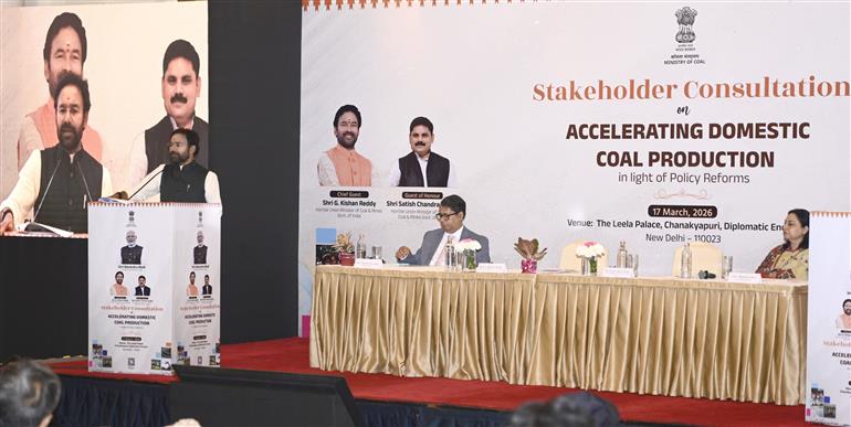 The Union Minister of Coal and Mines, Shri G. Kishan Reddy addressing at the Stakeholder Consultation on accelerating domestic coal production, in New Delhi on March 17, 2026.