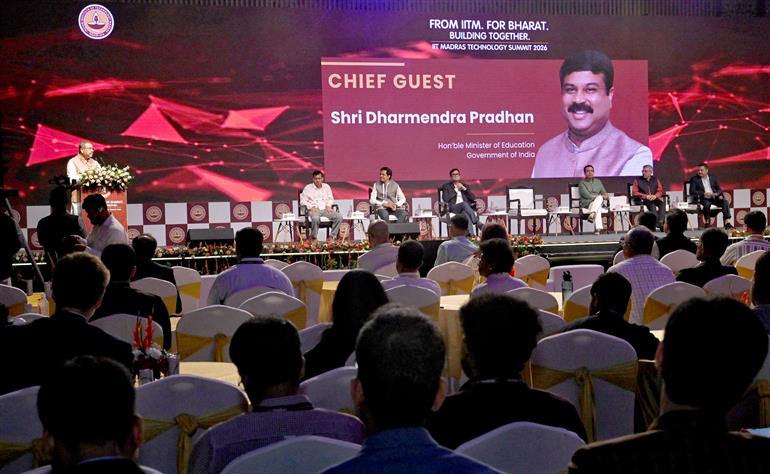 The Union Minister for Education, Shri Dharmendra Pradhan addressing at the inauguration of IIT Madras Technology Summit 2026 at Bharat Mandapam, in New Delhi on May 05, 2026.