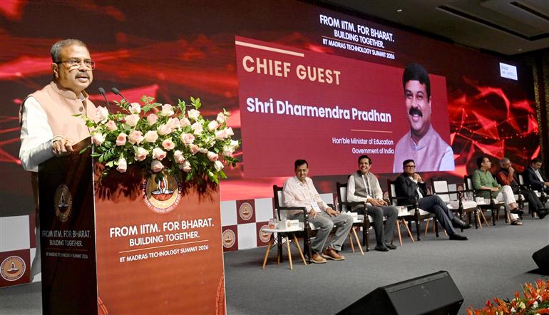 The Union Minister for Education, Shri Dharmendra Pradhan addressing at the inauguration of IIT Madras Technology Summit 2026 at Bharat Mandapam, in New Delhi on May 05, 2026.