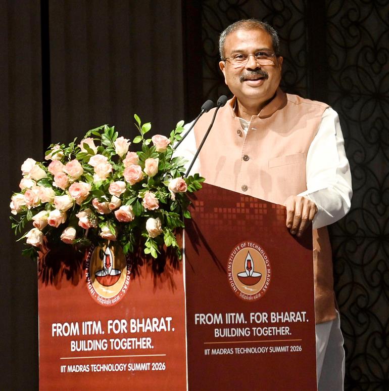 The Union Minister for Education, Shri Dharmendra Pradhan addressing at the inauguration of IIT Madras Technology Summit 2026 at Bharat Mandapam, in New Delhi on May 05, 2026.
