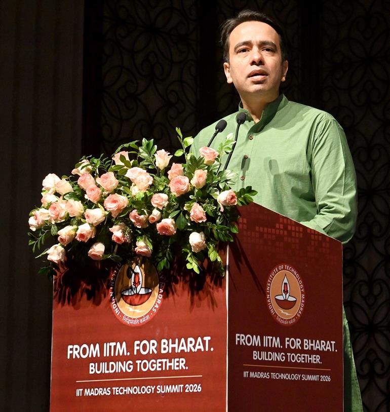 The Minister of State (Independent Charge) for Skill Development & Entrepreneurship and Education, Shri Jayant Chaudhary addressing at the inauguration of IIT Madras Technology Summit 2026 at Bharat Mandapam, in New Delhi on May 05, 2026.