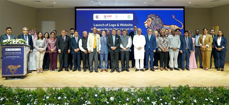 The Union Minister for Environment, Forest and Climate Change, Shri Bhupender Yadav in a group photograph during the launch of the logo and website of the International Big Cat Alliance Summit, in New Delhi on May 06, 2026.