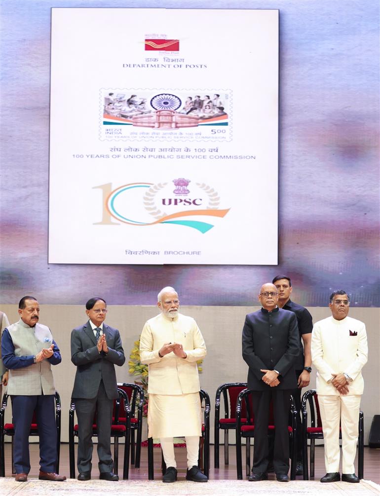 PM releases a UPSC Centenary Commemorative Coin, a Commemorative Stamp and a Book titled ‘100 Landmark Judgements- Shaping the Policies of UPSC and Public Service Commissions in India’ during the Centenary Celebrations of UPSC at Bharat Mandapam, in New Delhi on October 01, 2026.