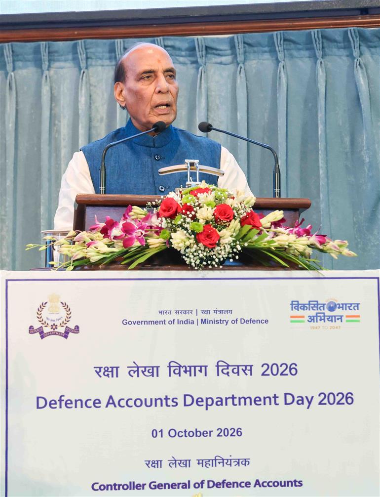 The Union Minister for Defence, Shri Rajnath Singh addressing at Defence Accounts Department’s 279th Annual Day at DRDO Bhawan, in New Delhi on October 01, 2026.