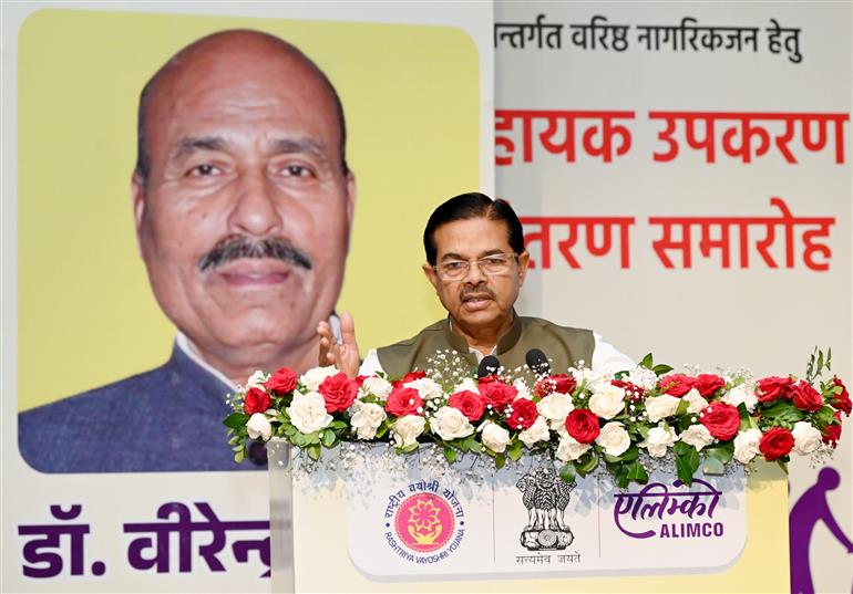 The Minister of State for Consumer Affairs, Food & Public Distribution and Social Justice & Empowerment, Shri B. L. Verma addressing at the occasion of the Rashtriya Vayoshri Yojana (RVY), in New Delhi on October 02, 2026.