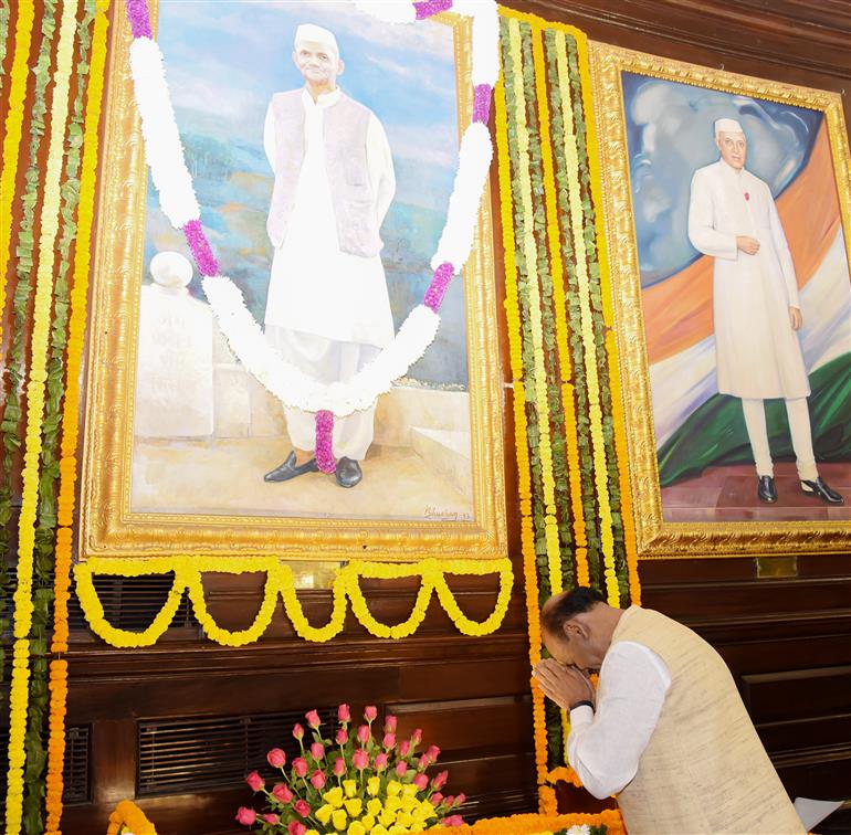 The Speaker of Lok Sabha, Shri Om Birla paying homage to former Prime Minister of India, Shri Lal Bahadur Shastri on the occasion of his birth anniversary at Parliament House, in New Delhi on October 02, 2026.